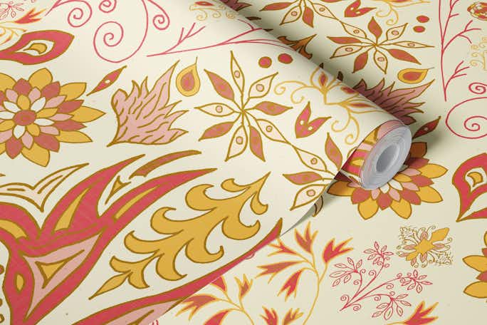 Vintage Floral Tiles 2 Golden Pinkwallpaper roll