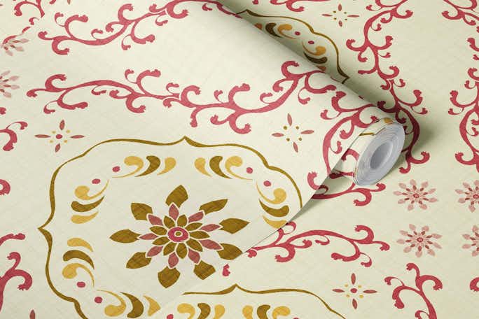 Vintage Floral Tiles 4 Golden Pinkwallpaper roll