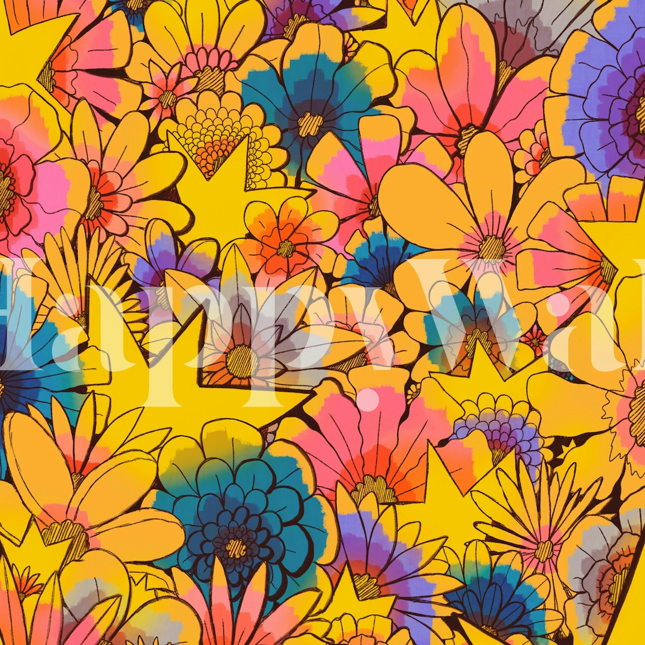 Carta da parati colorata stars and flowers in una stanza