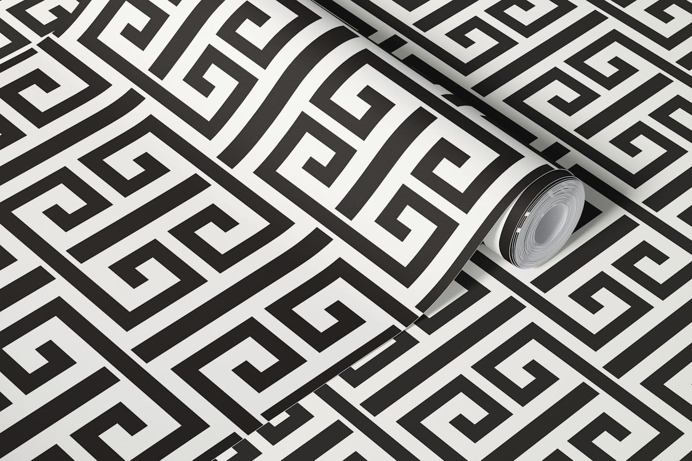 Greek Key Geometric - black and cream wallpaper roll