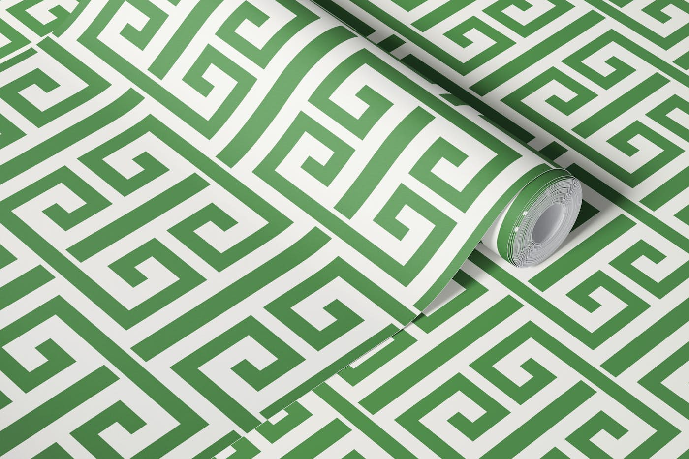 Greek Key Geometric - green and cream wallpaper roll