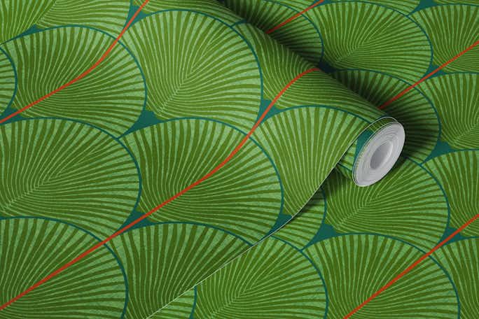 Japandi palms emerald (red stripes)wallpaper roll
