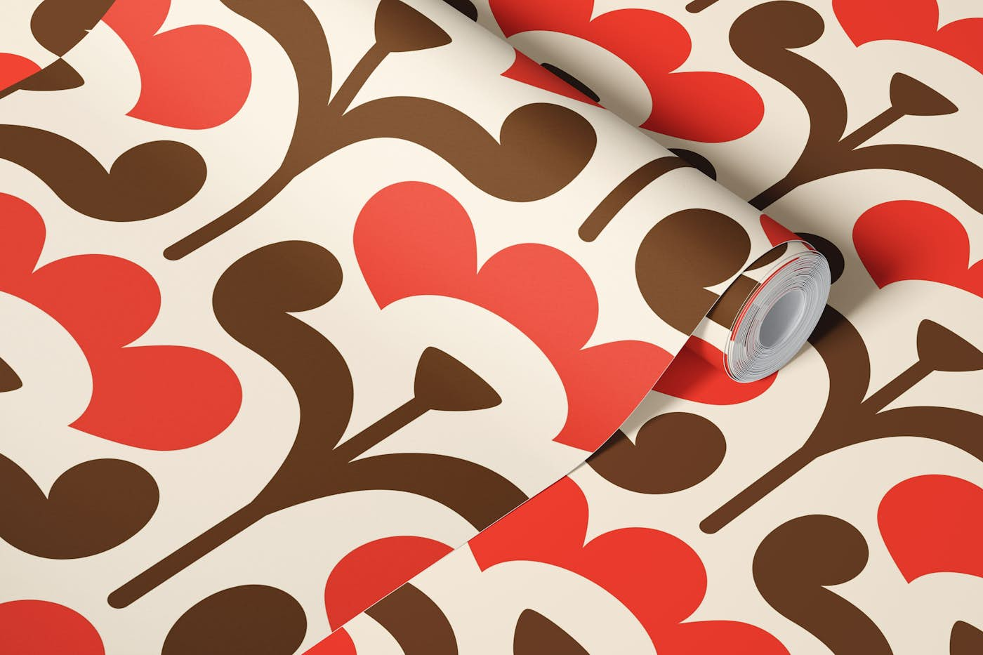 Retro blossoms pattern, red / 3027 D wallpaper roll