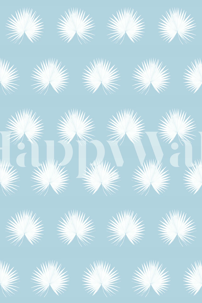 Hvide viftepalmeblade på himmelblå baggrundsvægmaleri