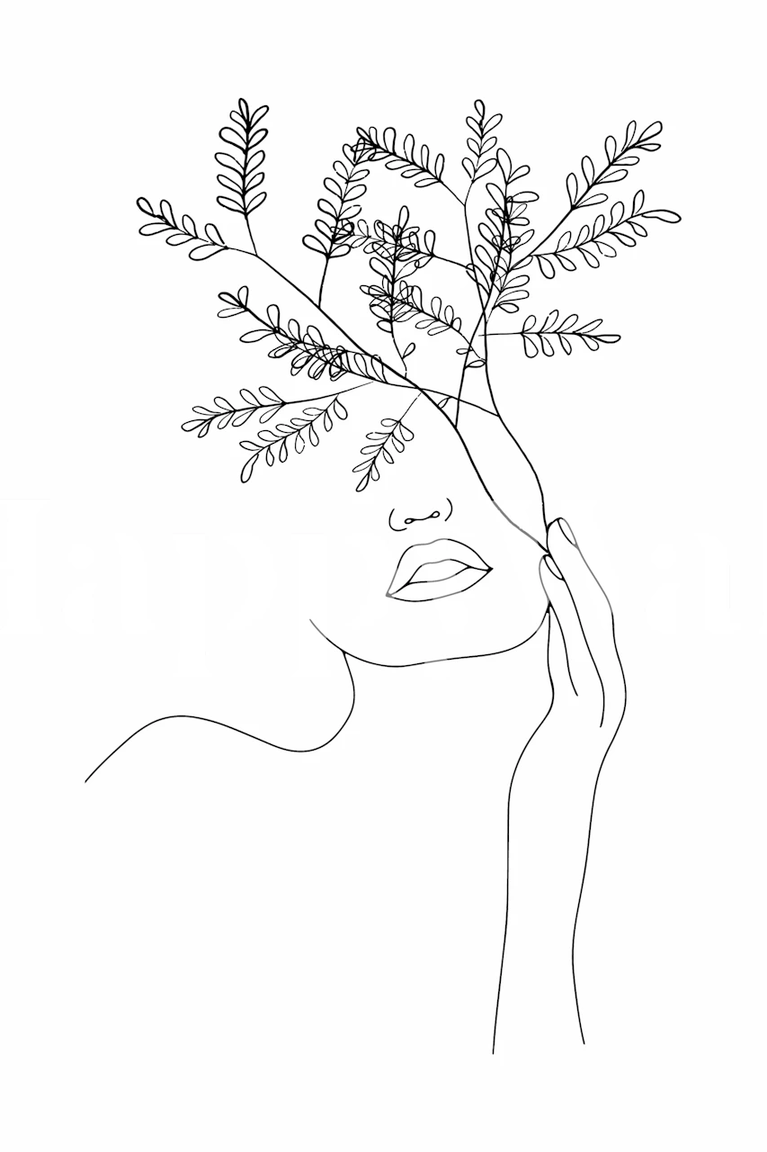 Minimal line art woman with foliage, black outline design wallpaper