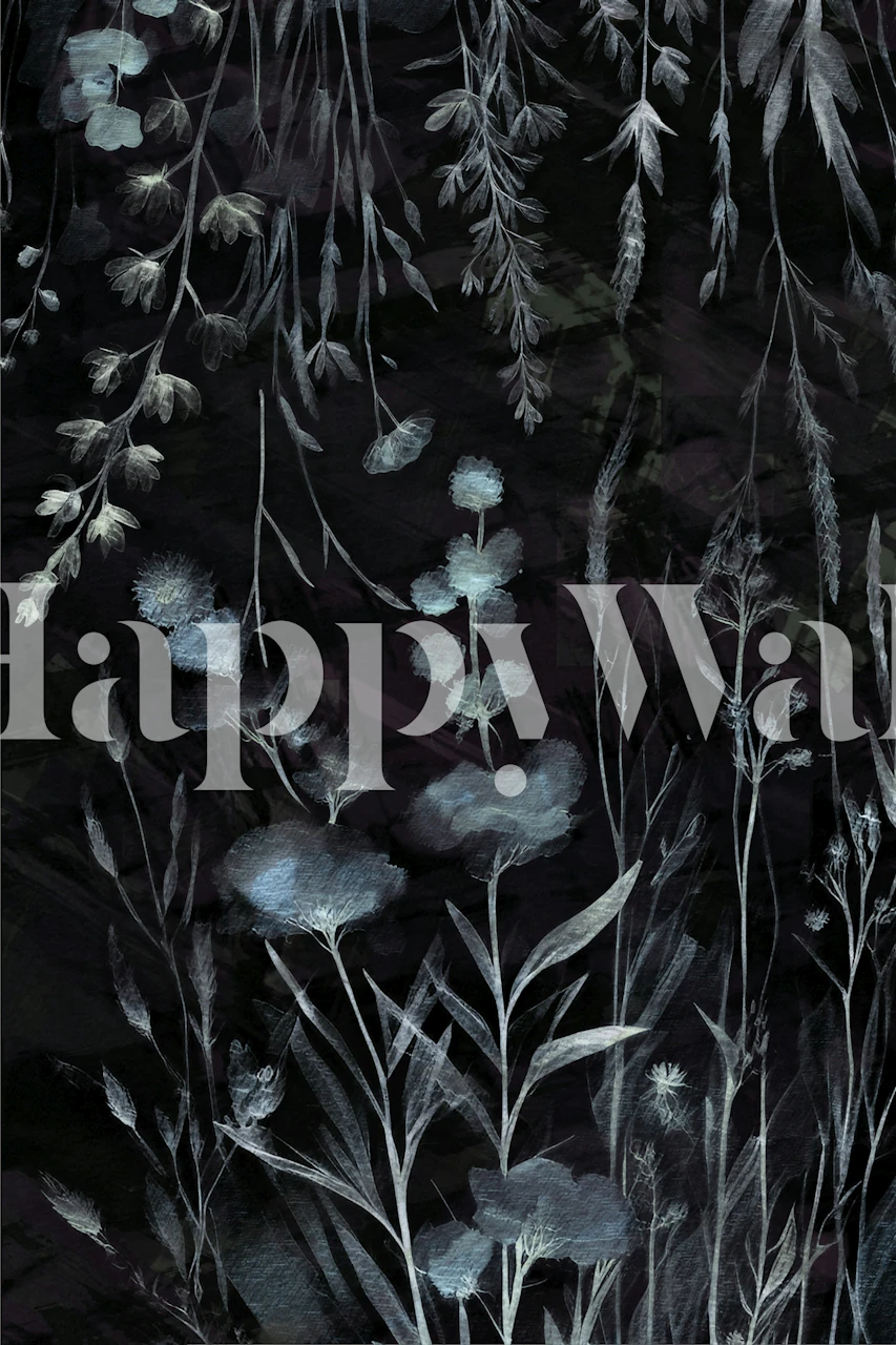 Black and white floral pattern wallpaper showcasing delicate blooms and leaves