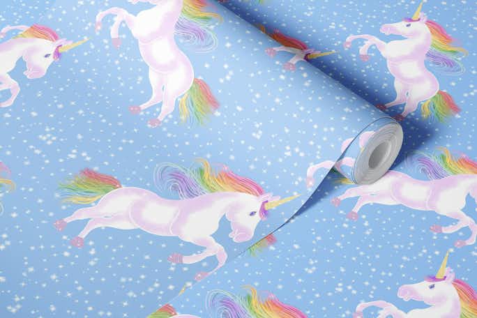 Jumping Rainbow Unicorn on Light Bluewallpaper roll