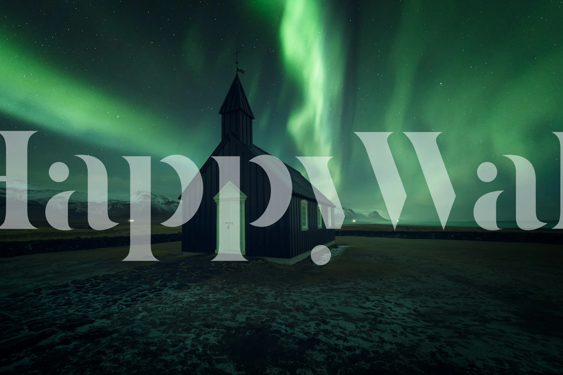 Black church silhouette against vibrant green northern lights wallpaper