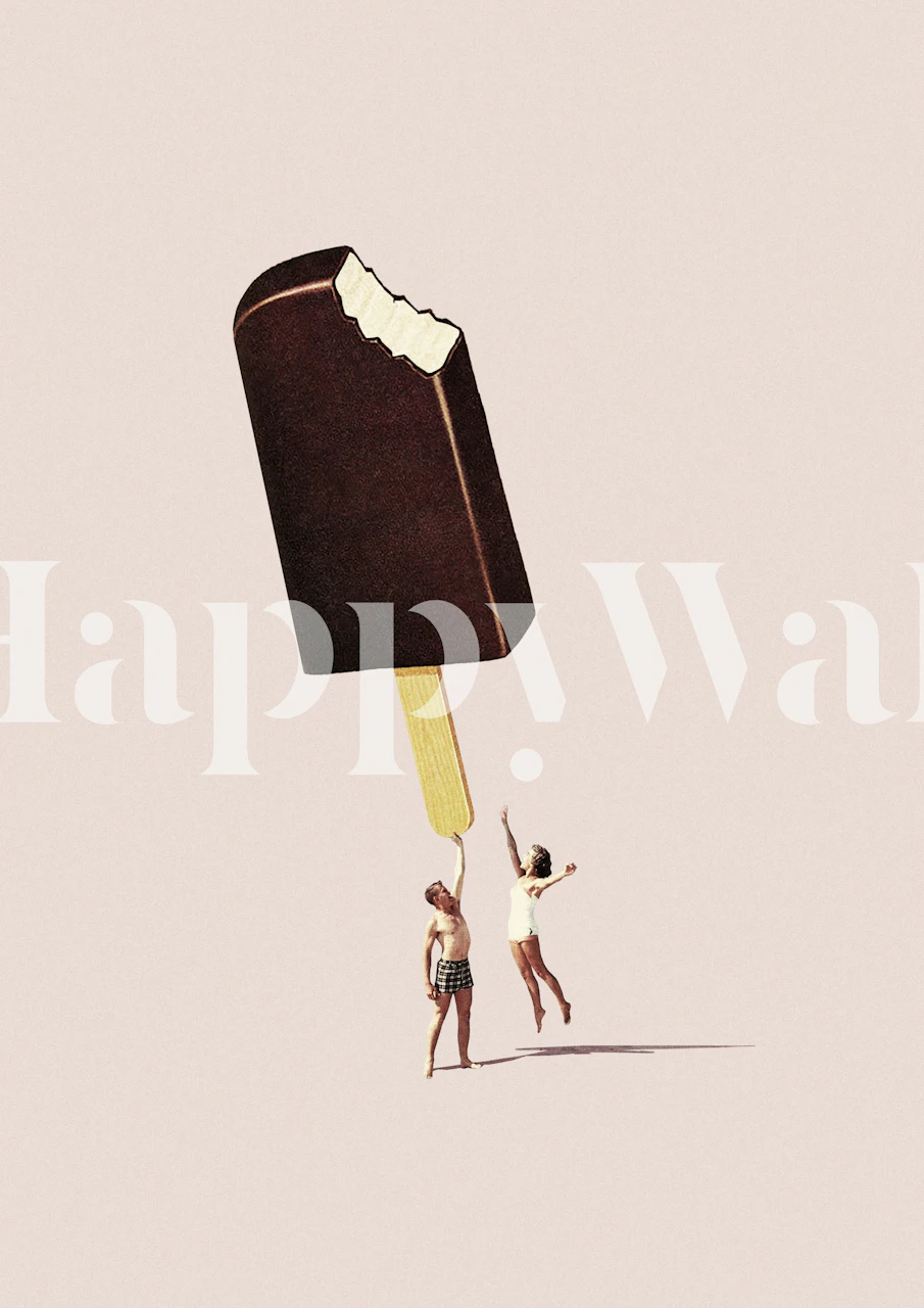 Illustration of two small people with a giant ice cream bar on a pale pink background