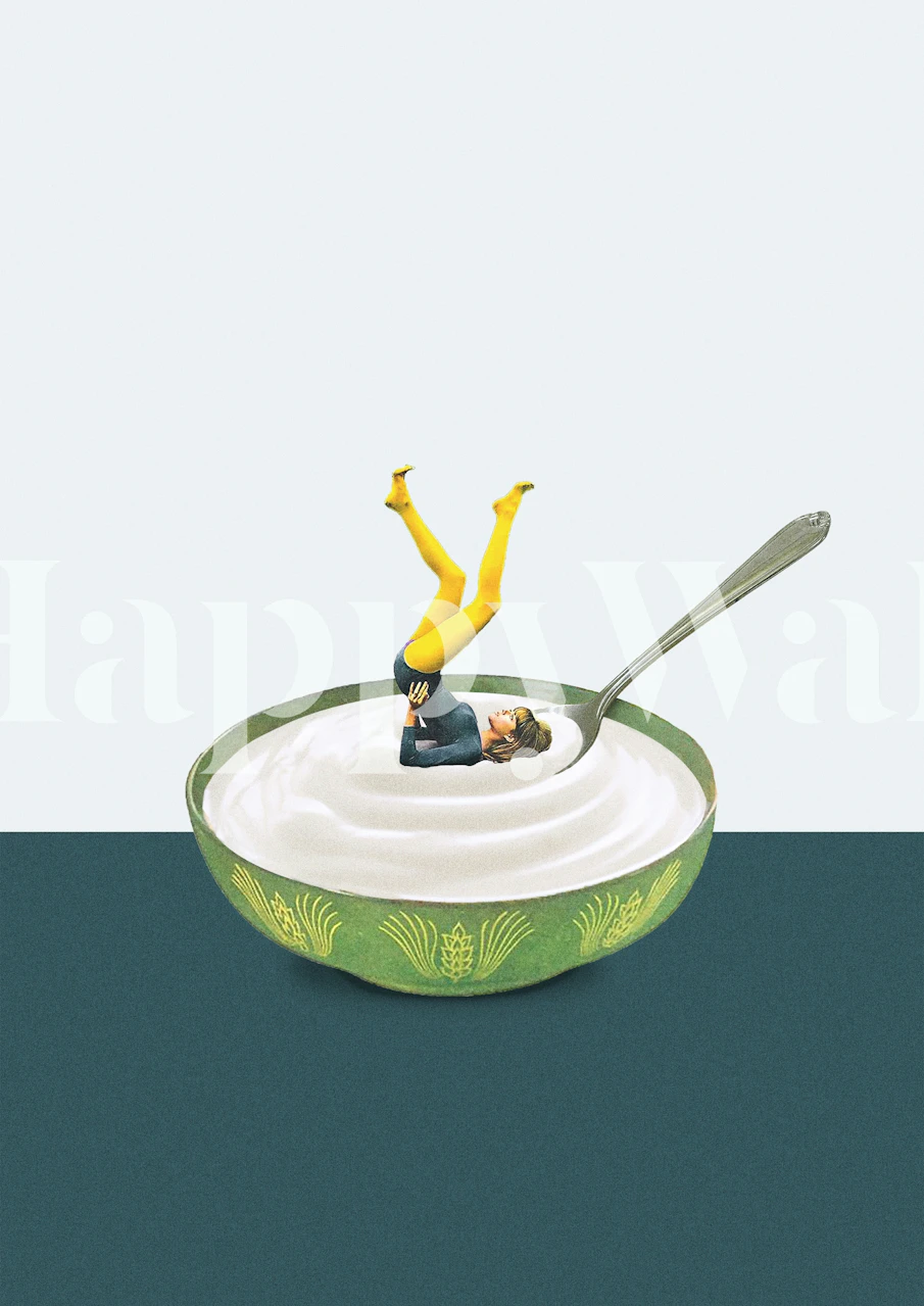 Illustration of a green bowl with yogurt and a figure. Quirky wallpaper.