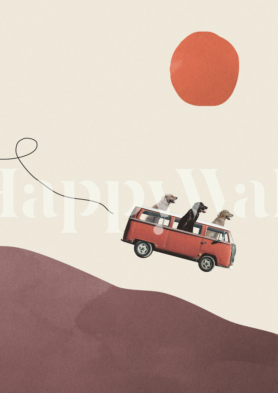 Three dogs in a red van against a pastel background wall mural