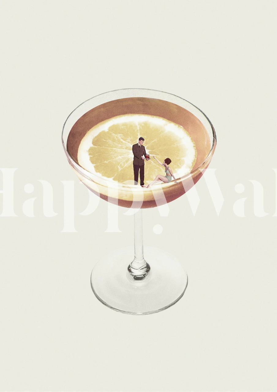 Cocktail glass with lemon slice and two figures wallpaper