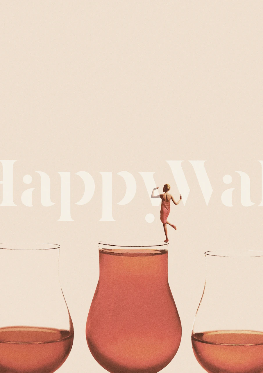 Abstract wall mural of person balancing on wine glass edge in terracotta hues