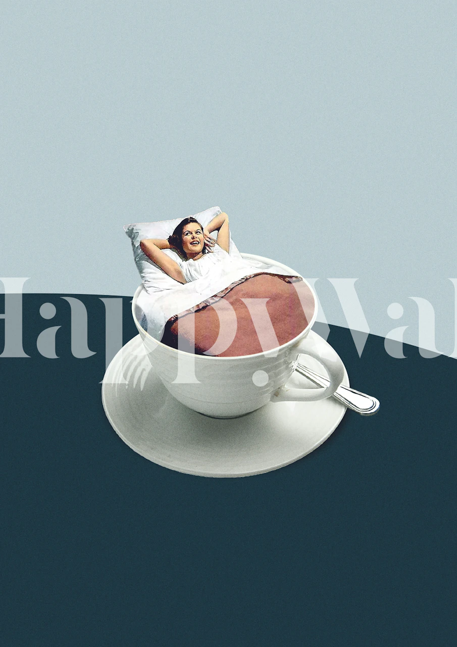 Whimsical wallpaper featuring a woman relaxing in a coffee cup with a bed inside