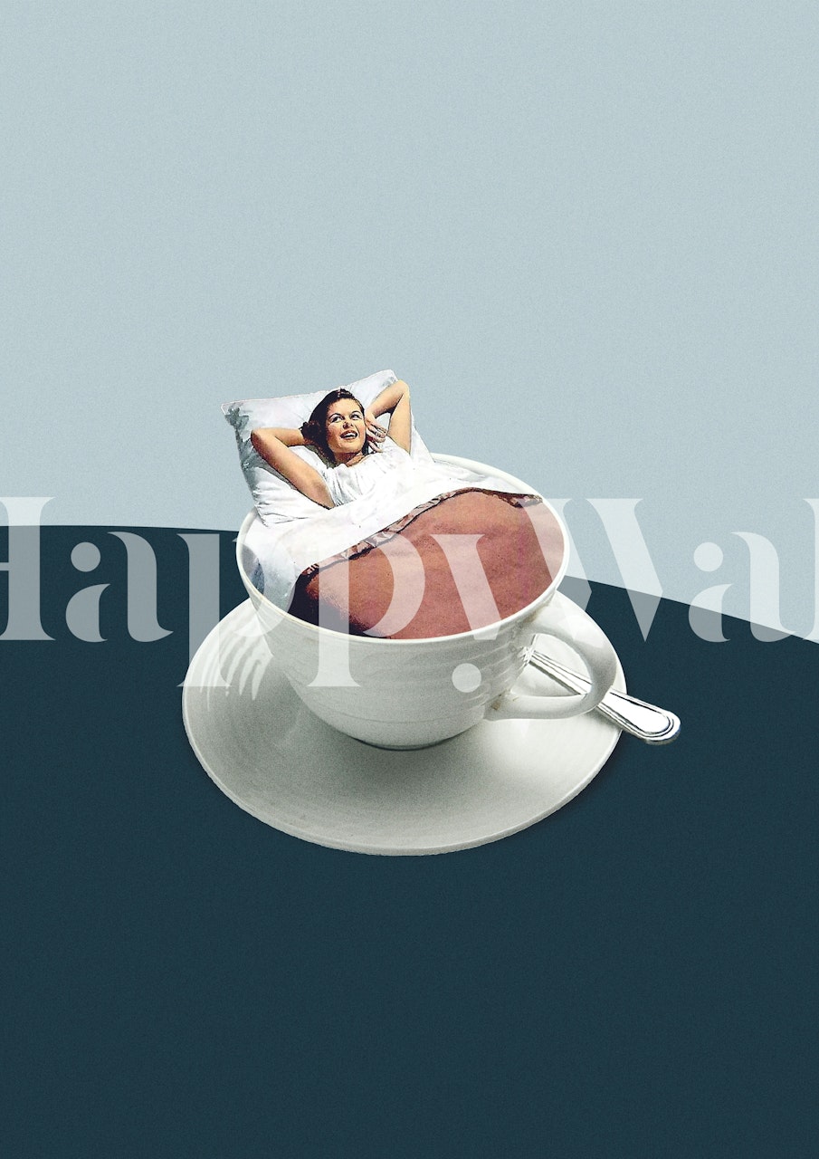 Whimsical wallpaper featuring a woman relaxing in a coffee cup with a bed inside