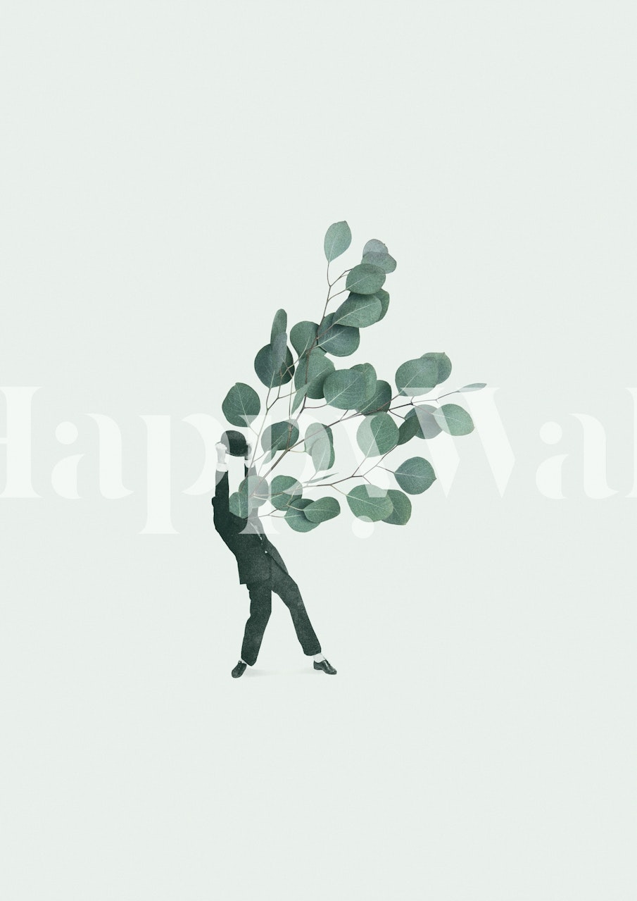 Man holding a large leafy branch against a light background wallpaper