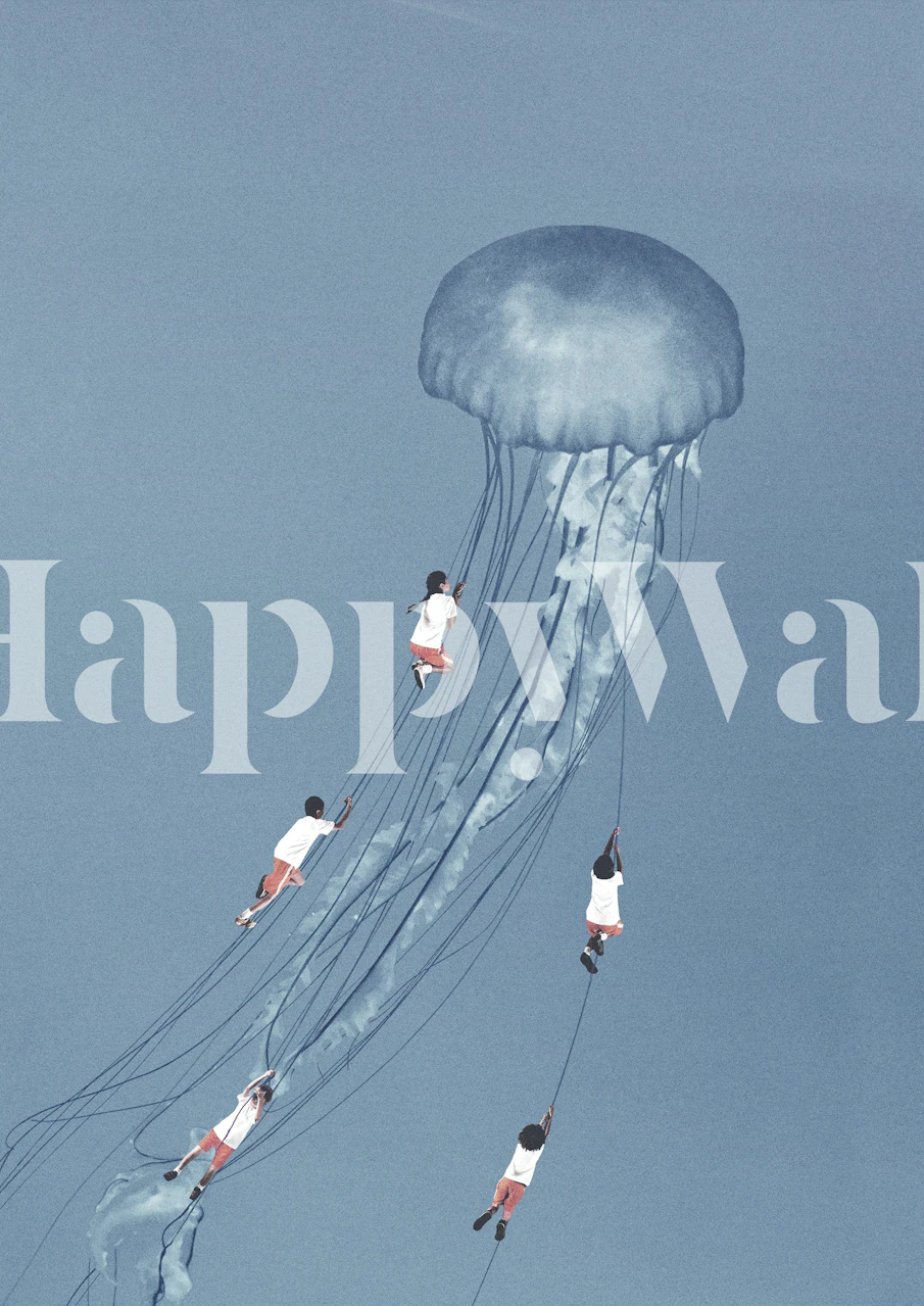 Children holding strings to a large jellyfish in blue tones wallpaper
