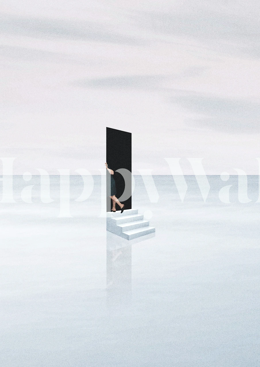 Surreal minimalist wallpaper featuring a black door, stairs, and calm waters