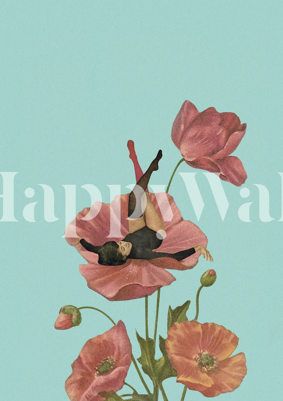 Illustration of a person lying atop large pink poppies against a blue background