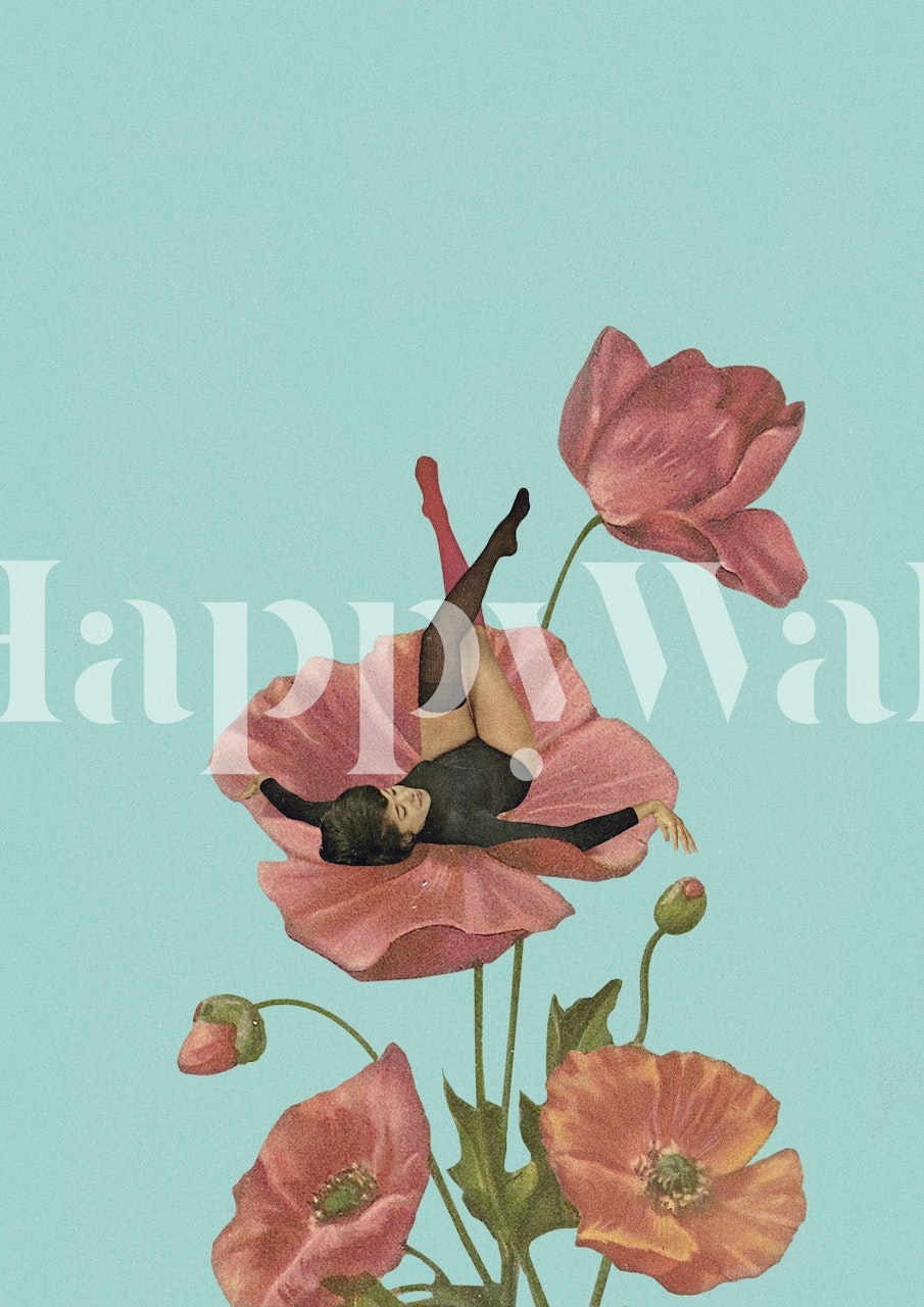 Illustration of a person lying atop large pink poppies against a blue background
