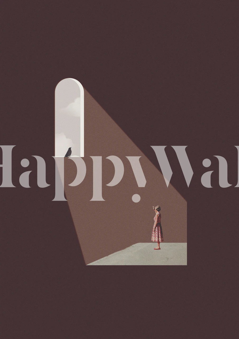 A girl standing under a window with a bird, brown tones, minimalist wallpaper