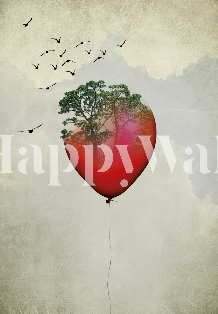 Red balloon with tree design and birds mural wallpaper