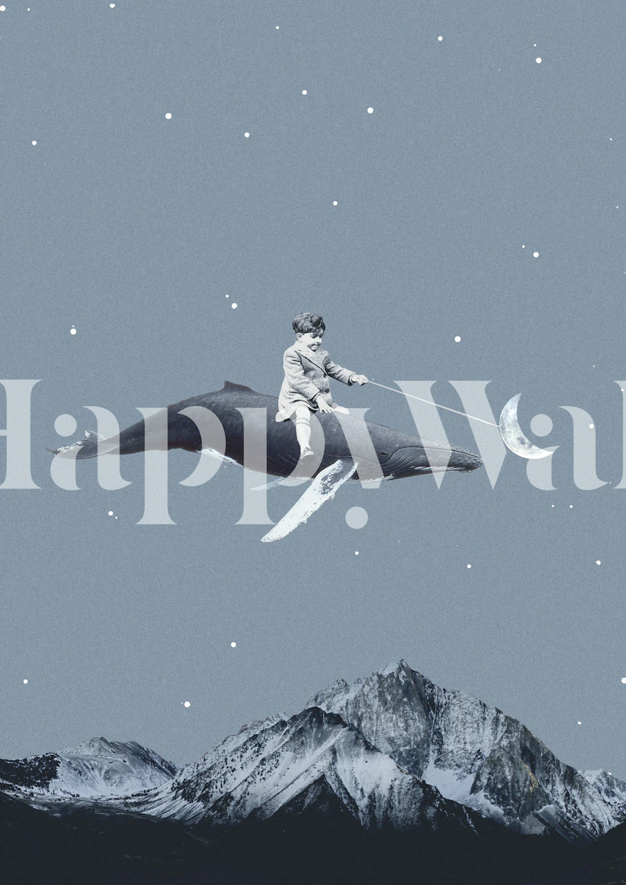 Astronaut riding whale wall mural with mountain background