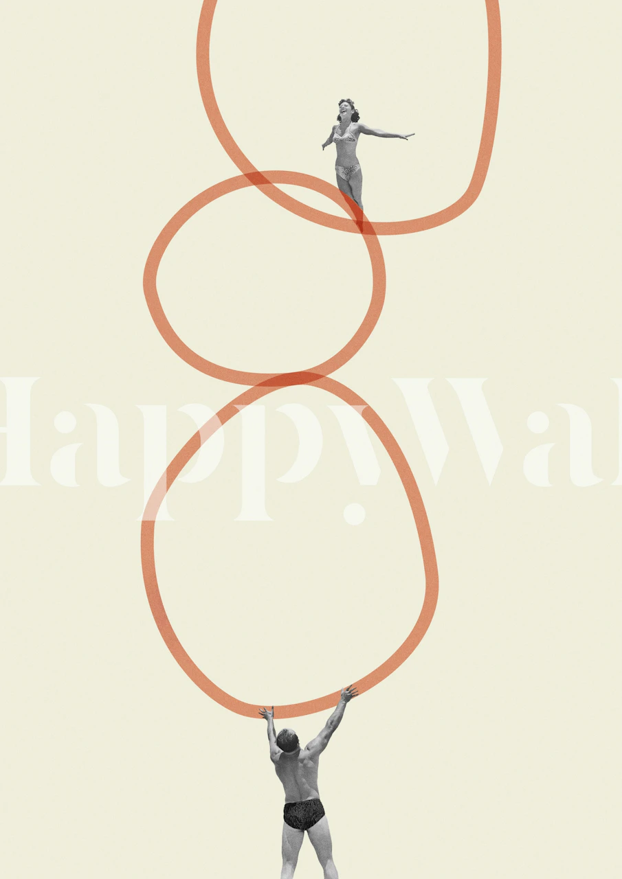 Abstract beige wallpaper with human figures and orange circles