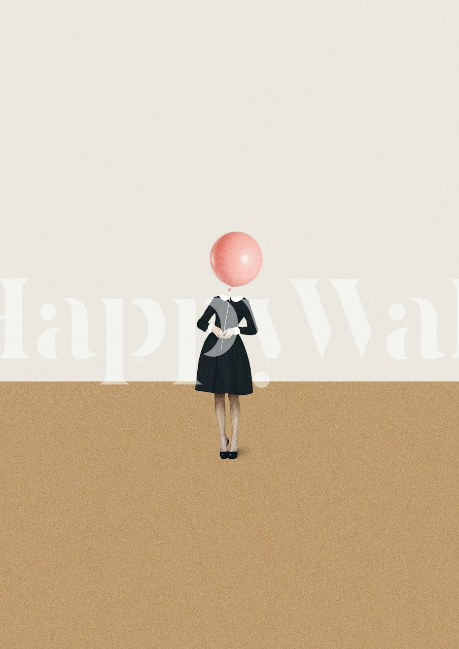 Artistic design featuring black and pink elements with a figure and bubble. Modern wallpaper.