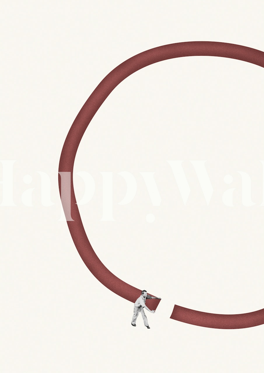 Beige abstract wallpaper with a red loop and a figure
