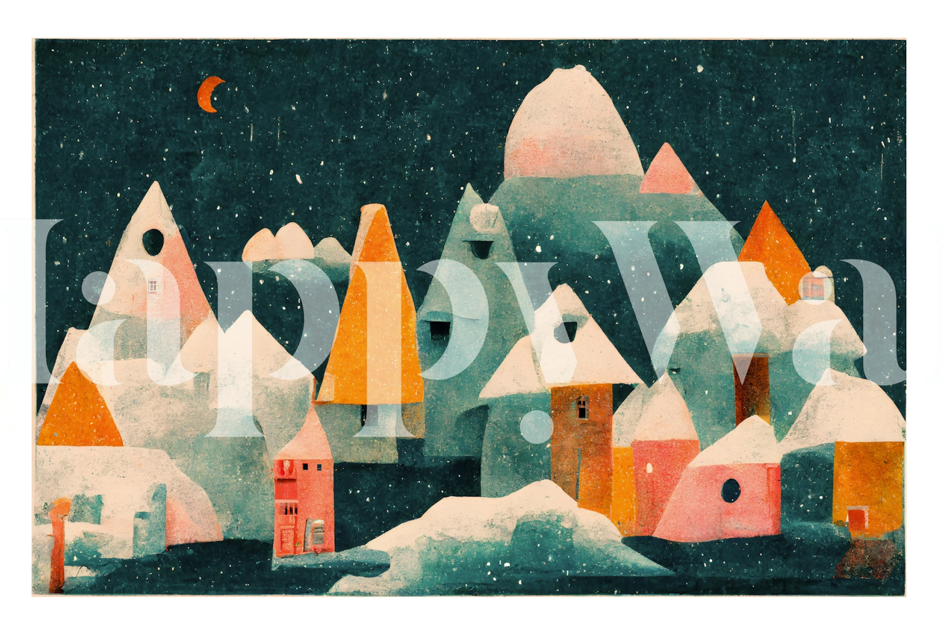 A stylized wall mural depicting a charming snow-covered village under a starry night sky with a crescent moon