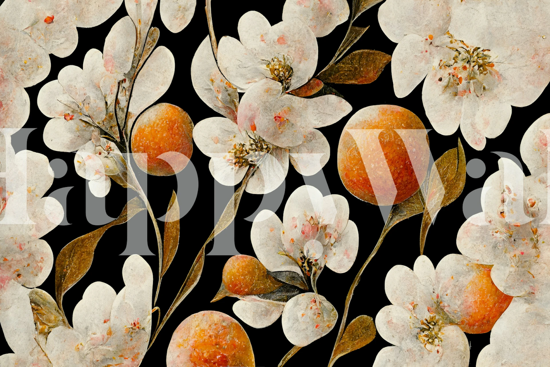 Mural de parede elegante com flores brancas e frutas laranja em um fundo escuro