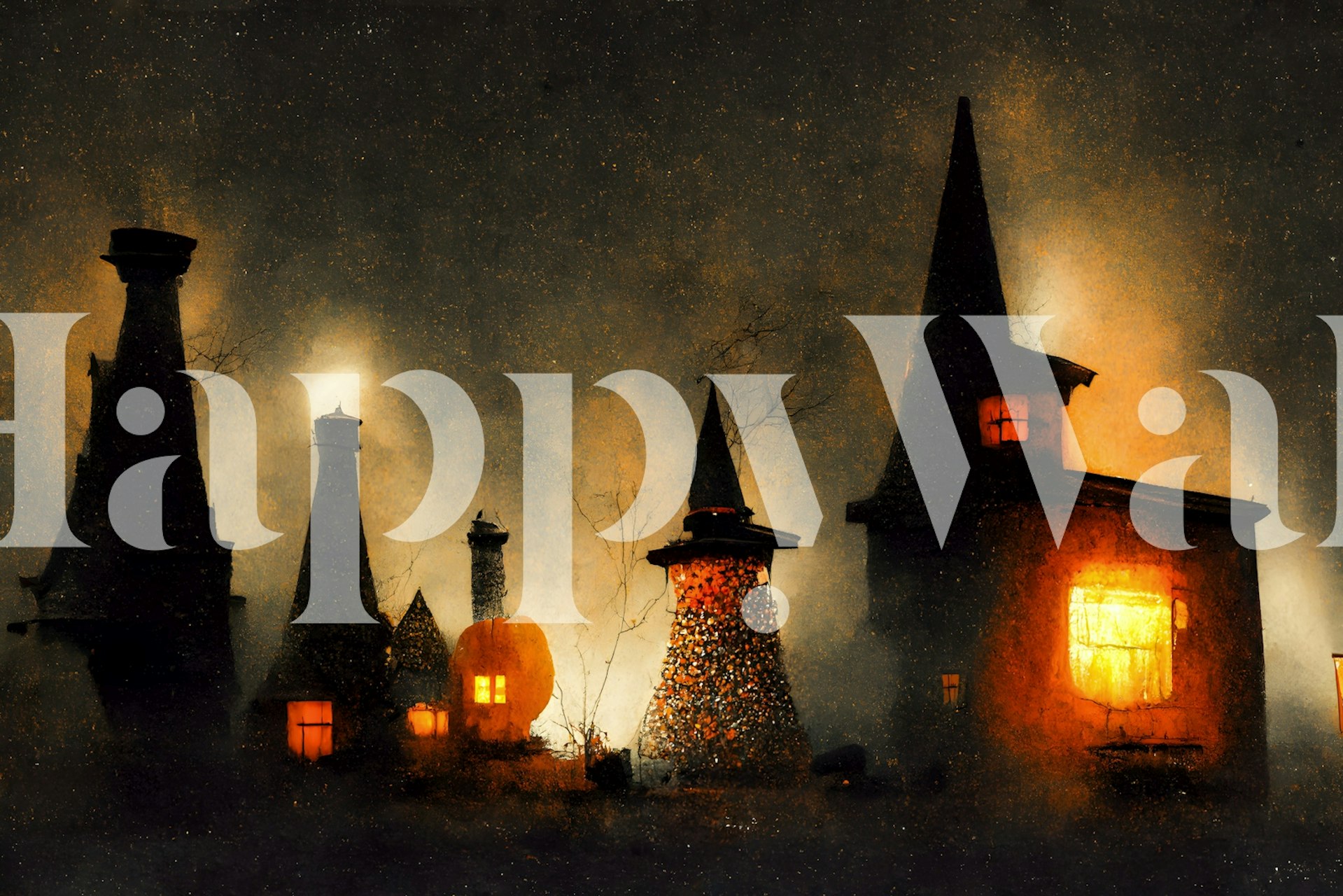 Fantasy witch village wall mural with moonlit shadowy cottages