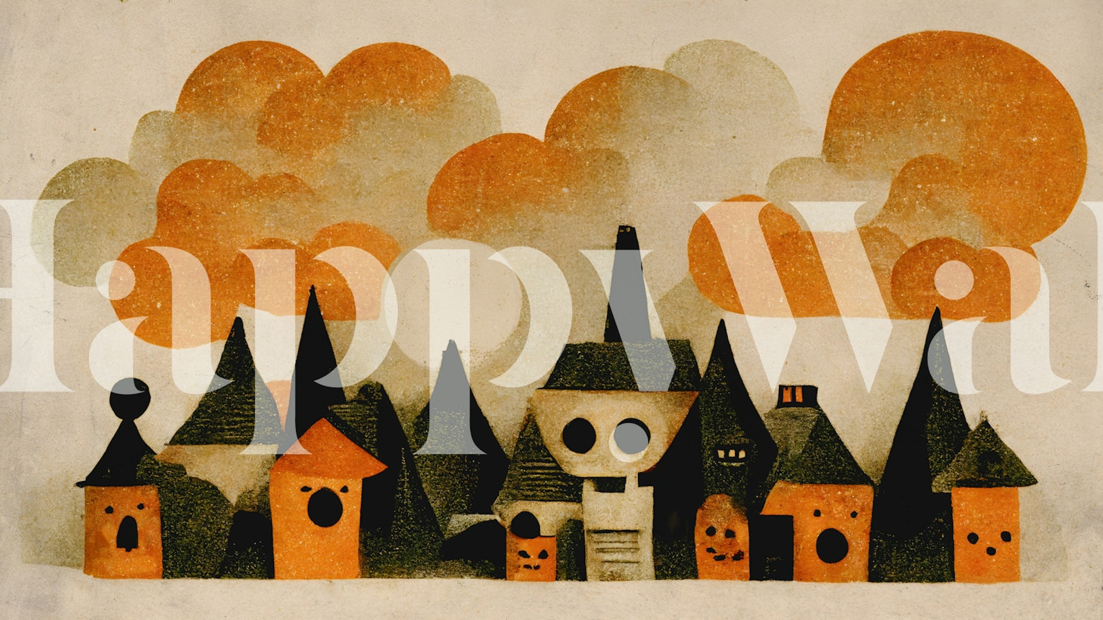 Spooky Wooky Village fototapeta ze stylizowanymi nawiedzonymi domami i pomarańczowymi chmurami.