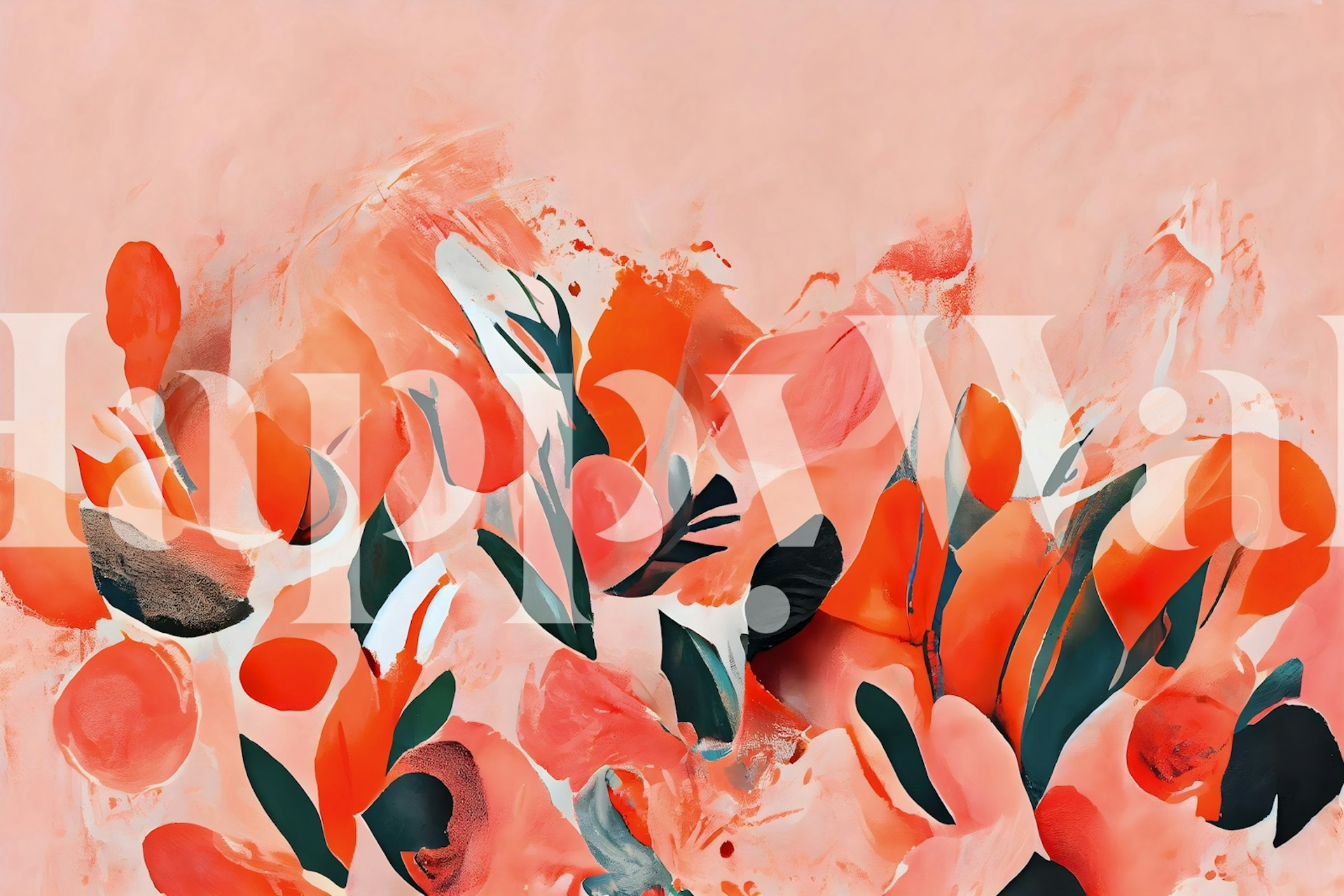 Abstract wild tulips wall mural with orange and red flowers on a peach pink background