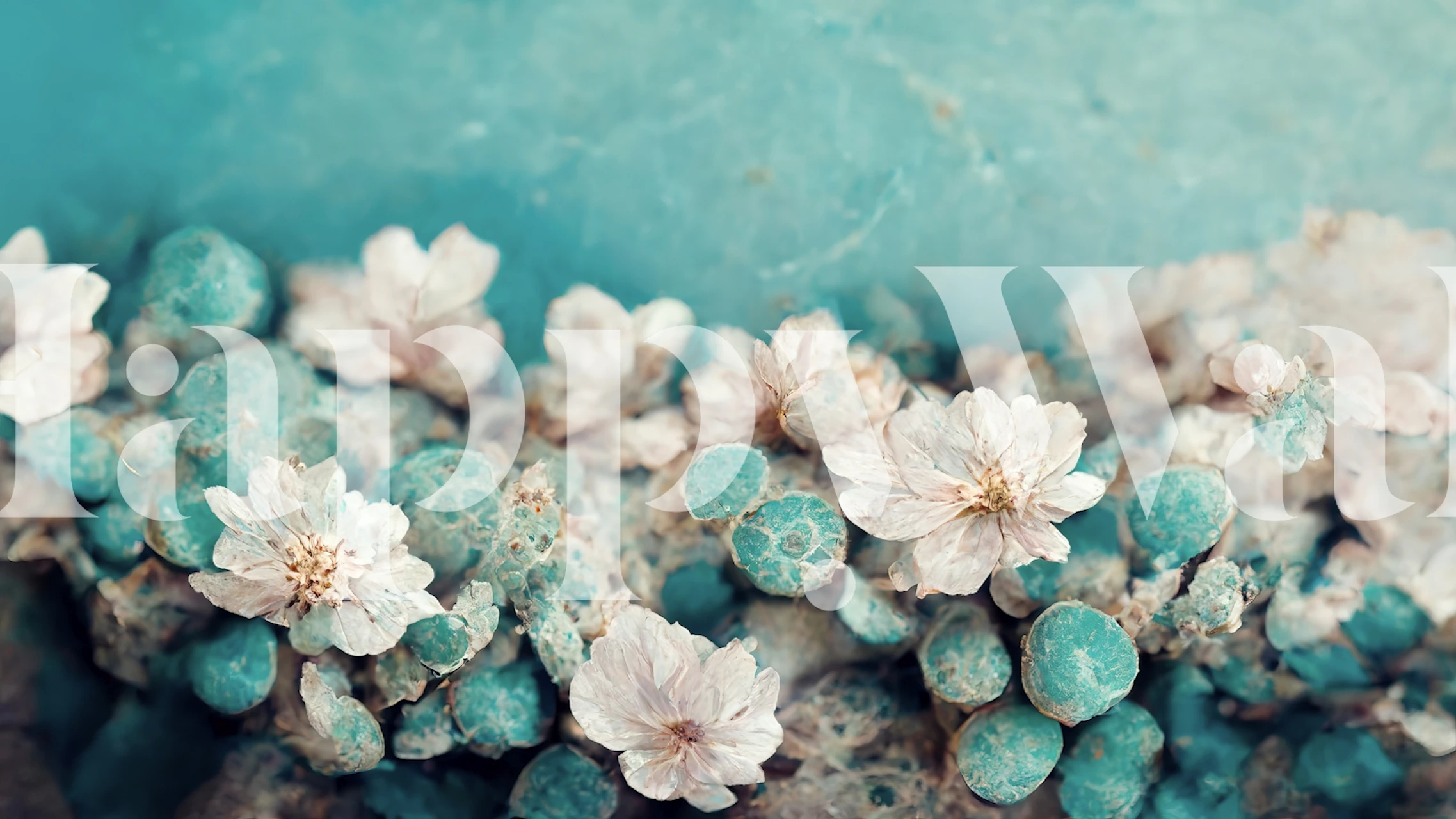 Turquoise floral pattern wallpaper with white flowers