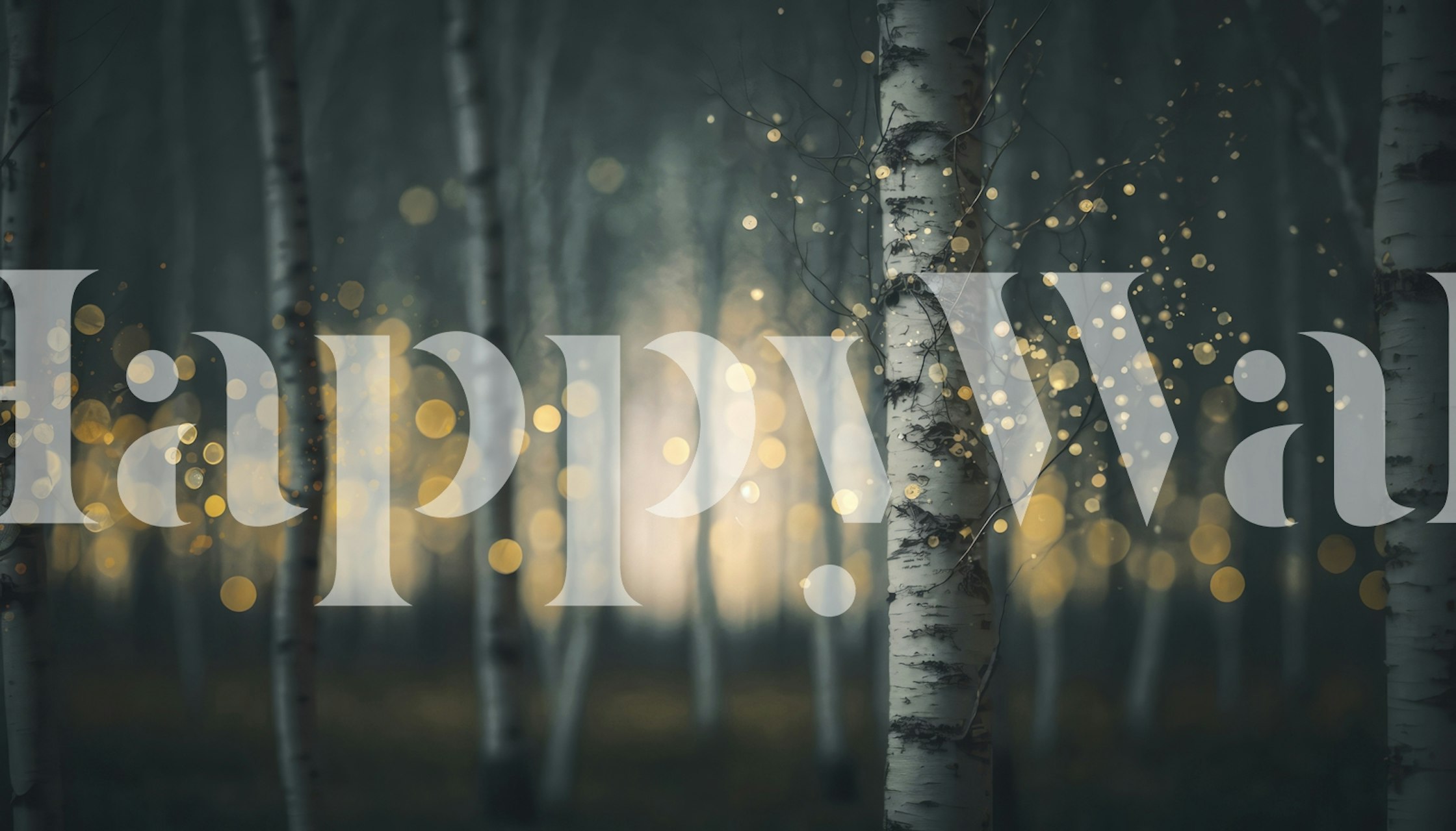 Enchanted birch forest at night with golden light spots wall mural