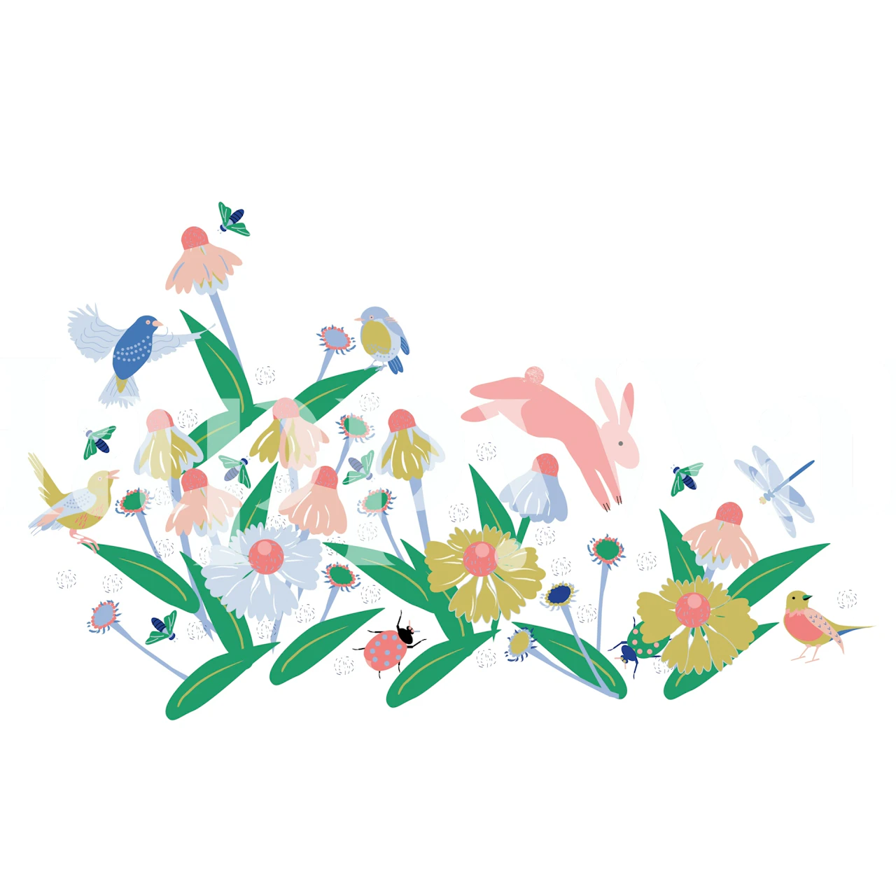 Colorful flowers, birds, and a rabbit in a whimsical design wallpaper