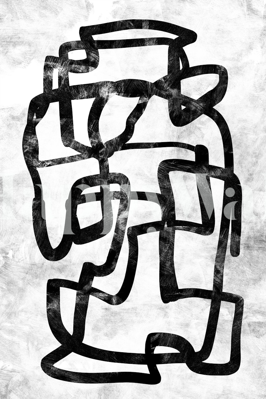 Abstrakti musta viivapiirros harmaalla kuvioidulla taustamaalauksella