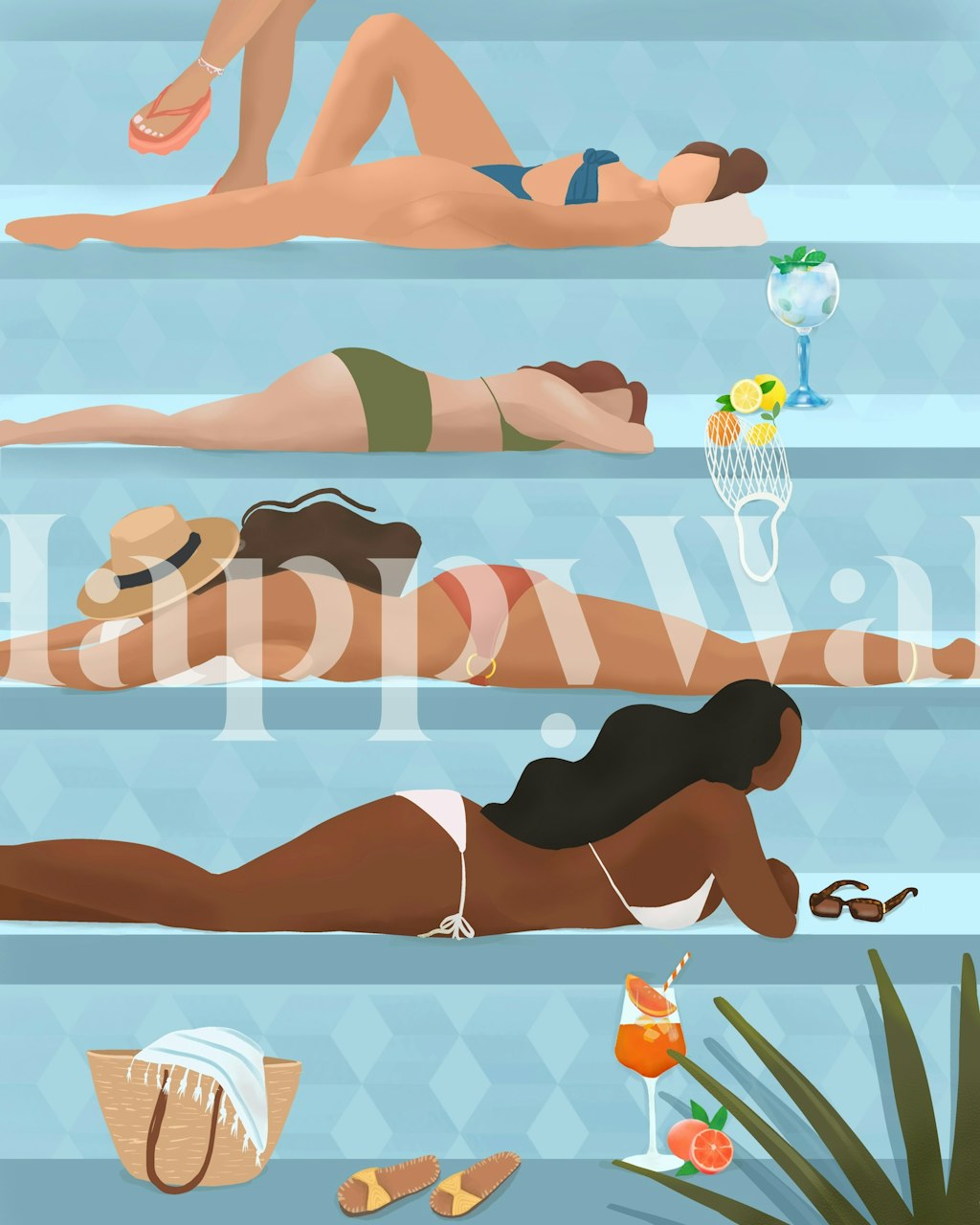 Frauen am Pool in bunten Bikinis, blaue Wasseroberfläche, stilvolles, modernes Wallpaper