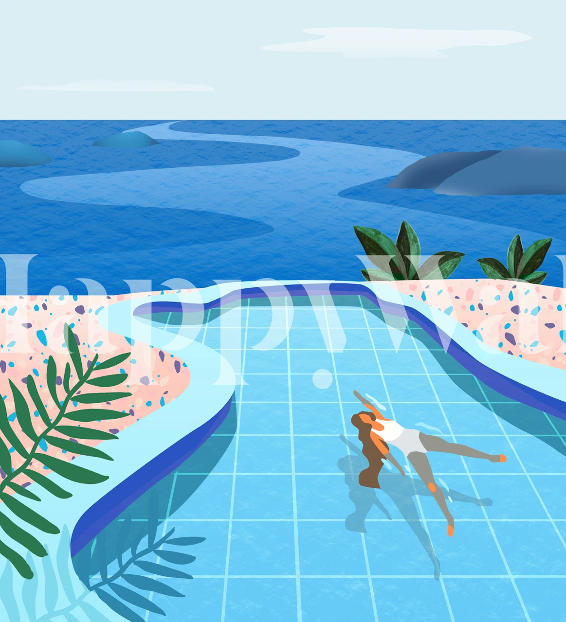 Illustration of a girl relaxing in a pool with tropical foliage and pink blossoms