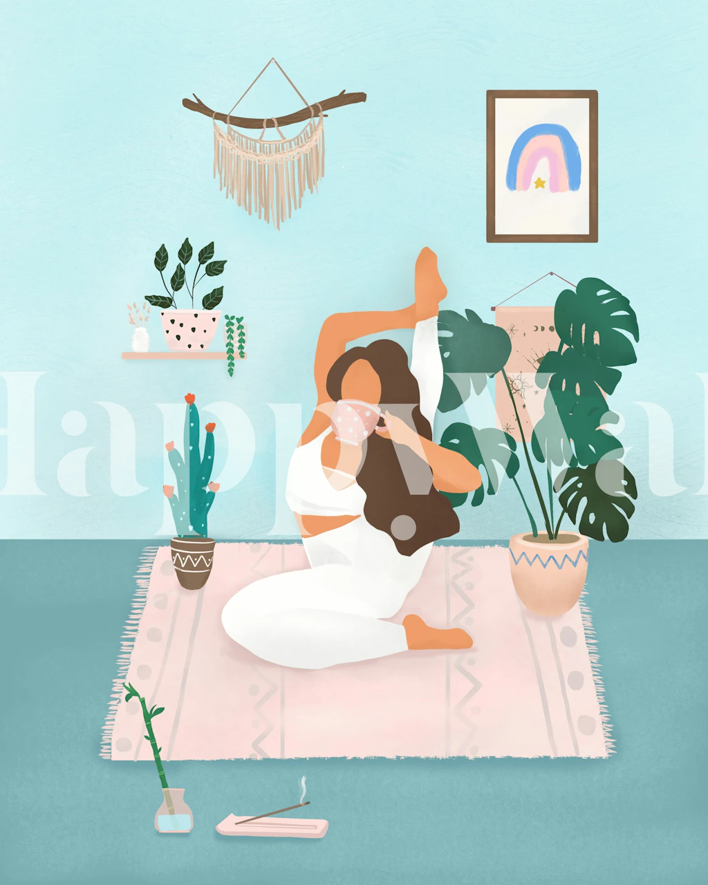 Illustration of a woman practicing yoga with plants and soft colors wallpaper