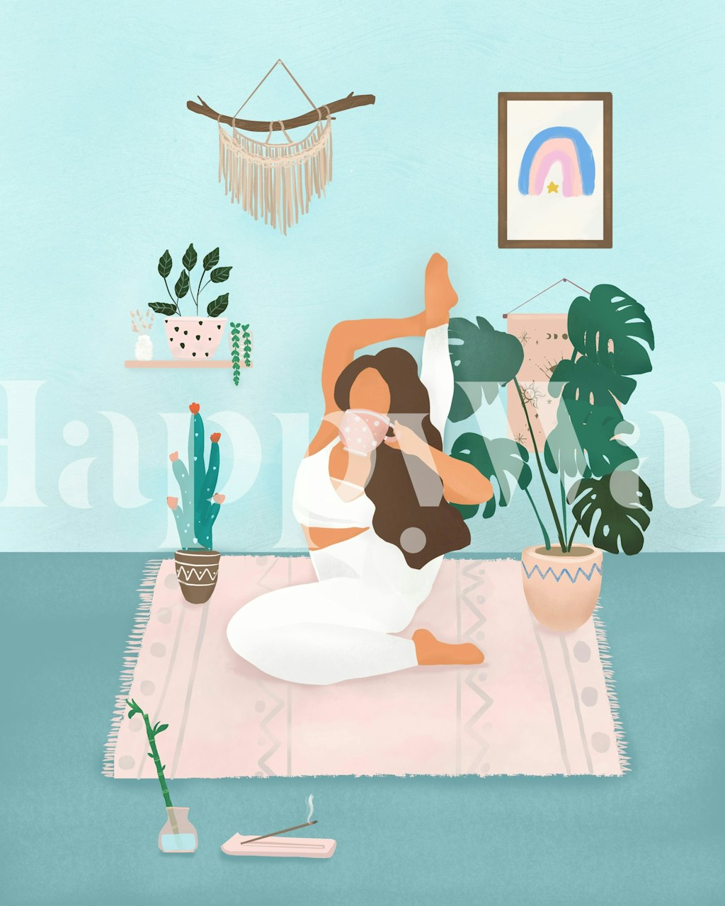 Illustratie van yoga in een kamer met groene planten en een pastelblauwe achtergrond. Tijd om te ontspannen wallpaper.