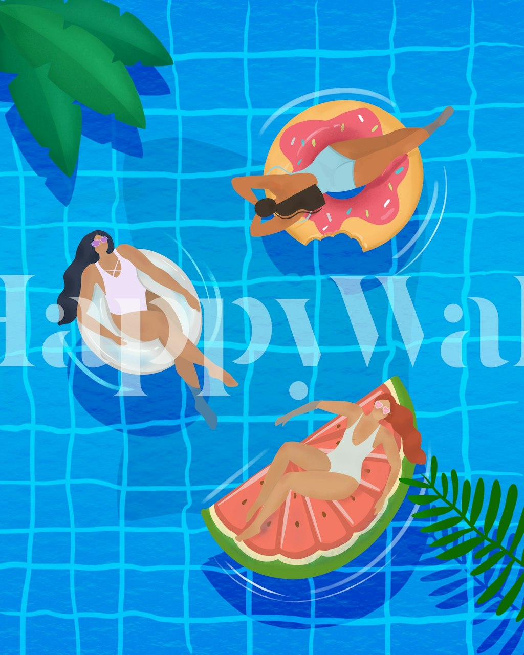 Stilvolle Frauen faulenzen auf Schlauchbooten in einem klaren blauen Pool mit tropischen Elementen, auf einem Wandgemälde