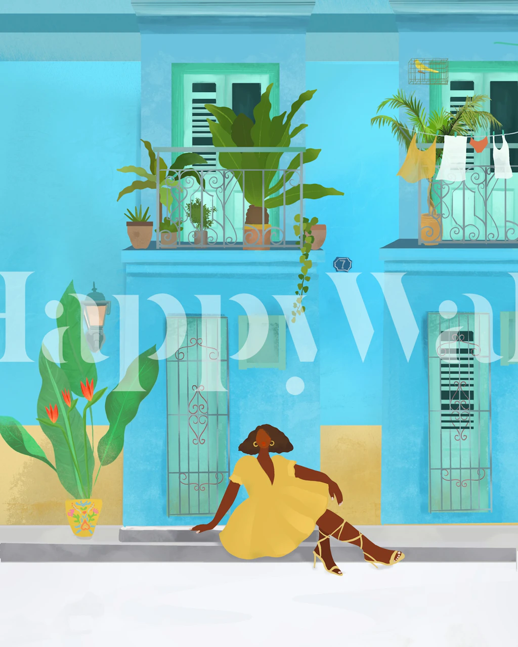 Cuban street scene with blue walls, plants, and a woman in yellow dress wallpaper