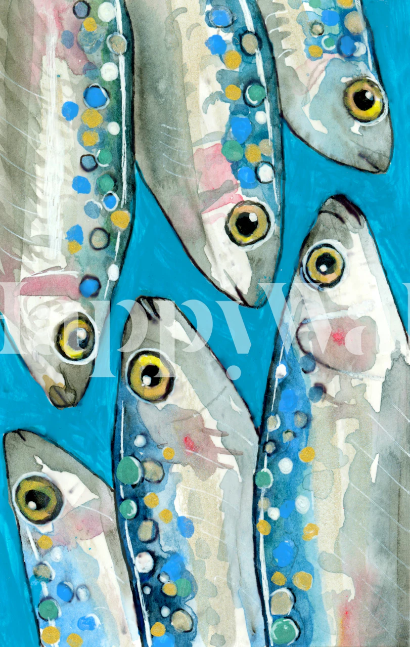 Hand-painted fish wall mural with blue watercolor background