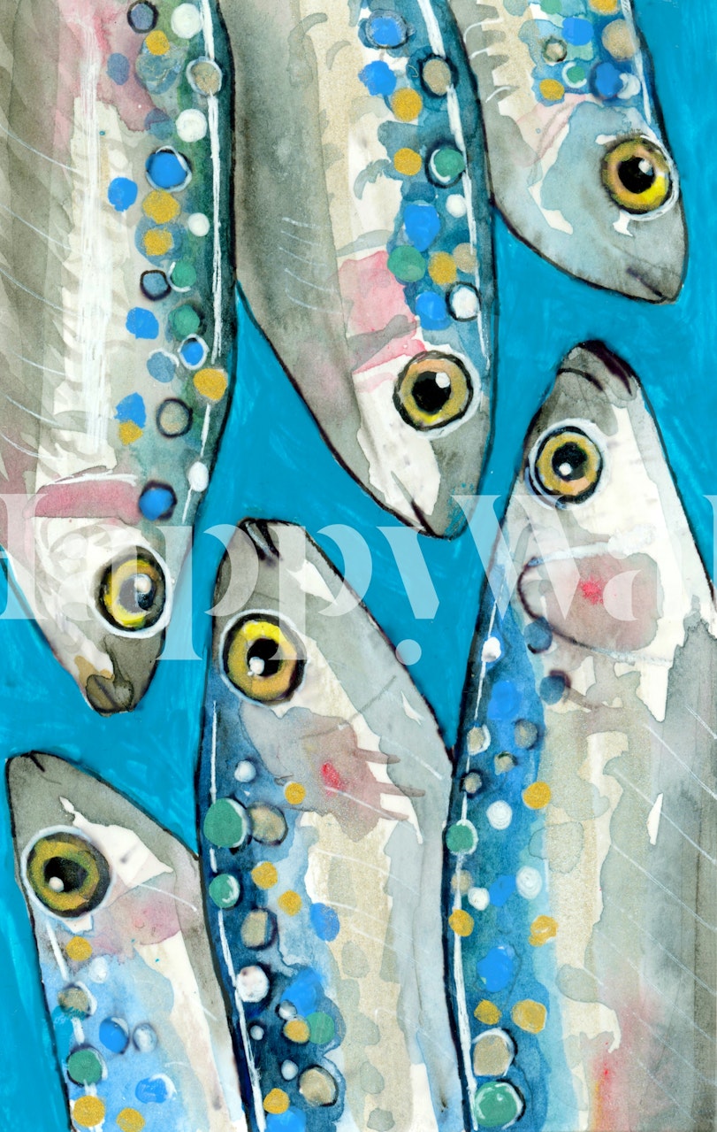 Håndmalt fisketapet med blå akvarellbakgrunn