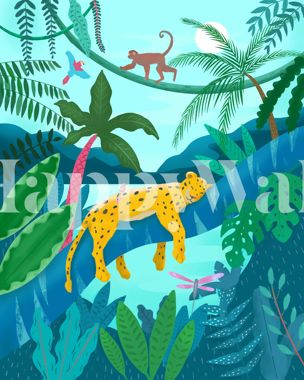 Colorful leopard among tropical plants and animals wallpaper
