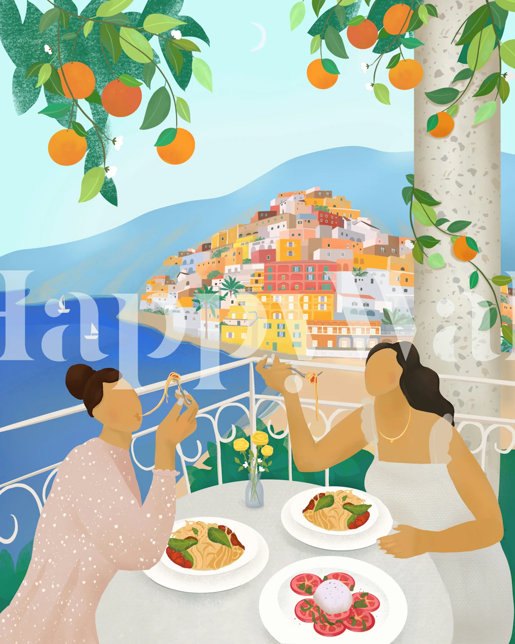 Girls enjoying lunch in Positano scenery wallpaper