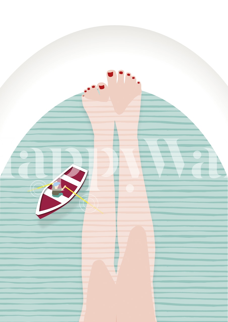 Relaxing bathtub scene with light blue water and boat wallpaper